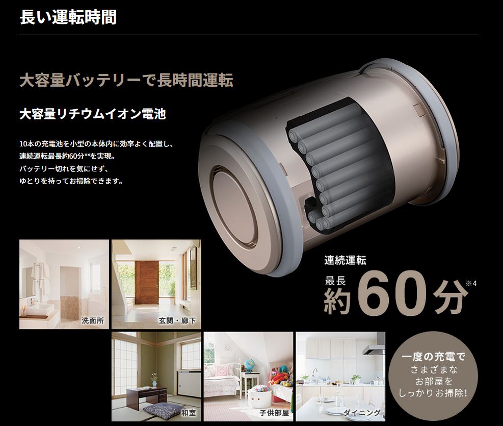 連続運転、最長約60分可能。東芝コードレス掃除機VC-NX1・VC-NXS1 。