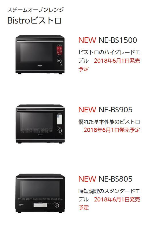 2018年6月1日新発売　パナソニックスチームオーブンレンジ Bistroビストロ30Lシリーズ　NE-BS1500　・NE-BS905 ・NE-BS805　3機種