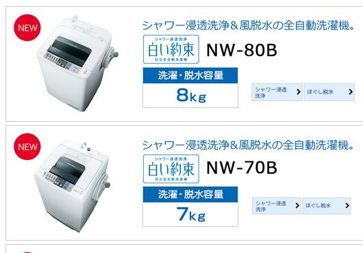 日立の縦型全自動洗濯機白い約束　NW-80B（洗濯・脱水容量8kg ）NW-70B（洗濯・脱水容量7kg ）